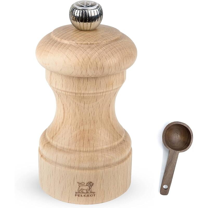Peugeot Bistro Manual Salt Mill, Natural Wood 10 cm - 4in - With Wooden Spice Scoop - Clear - 2 Piece