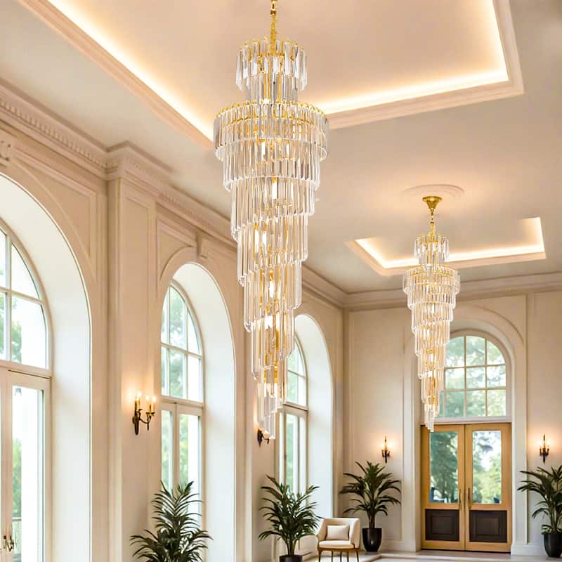 Extra Large Long Grand Spiral Crystal Chandelier Ceiling LED Tiered Pendant Light with Gold Frame