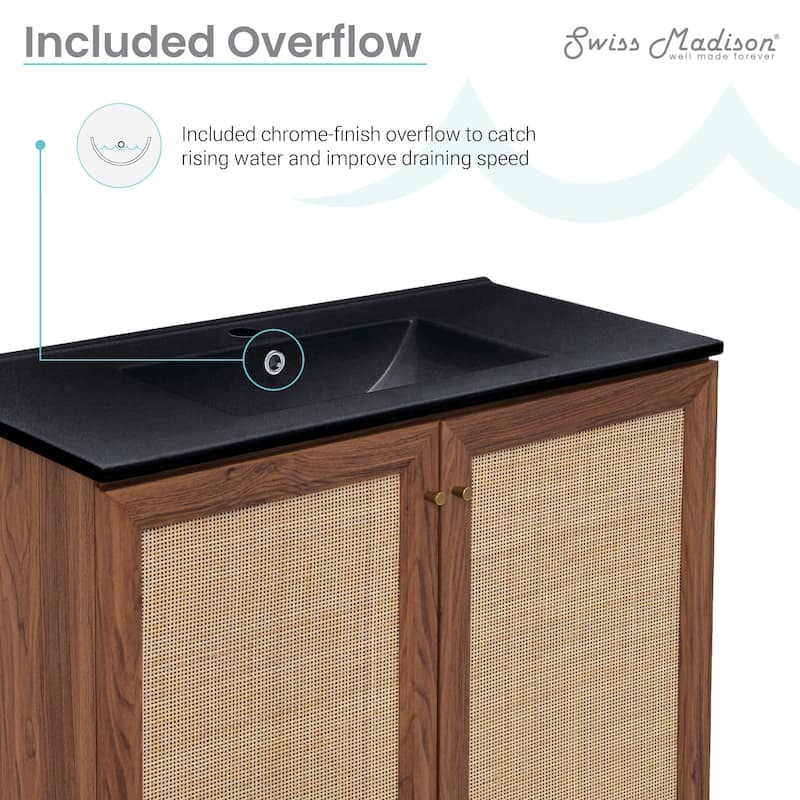 Classe 36 In. Brown Oak Bathroom Vanity With Black Ceramic Sink Top