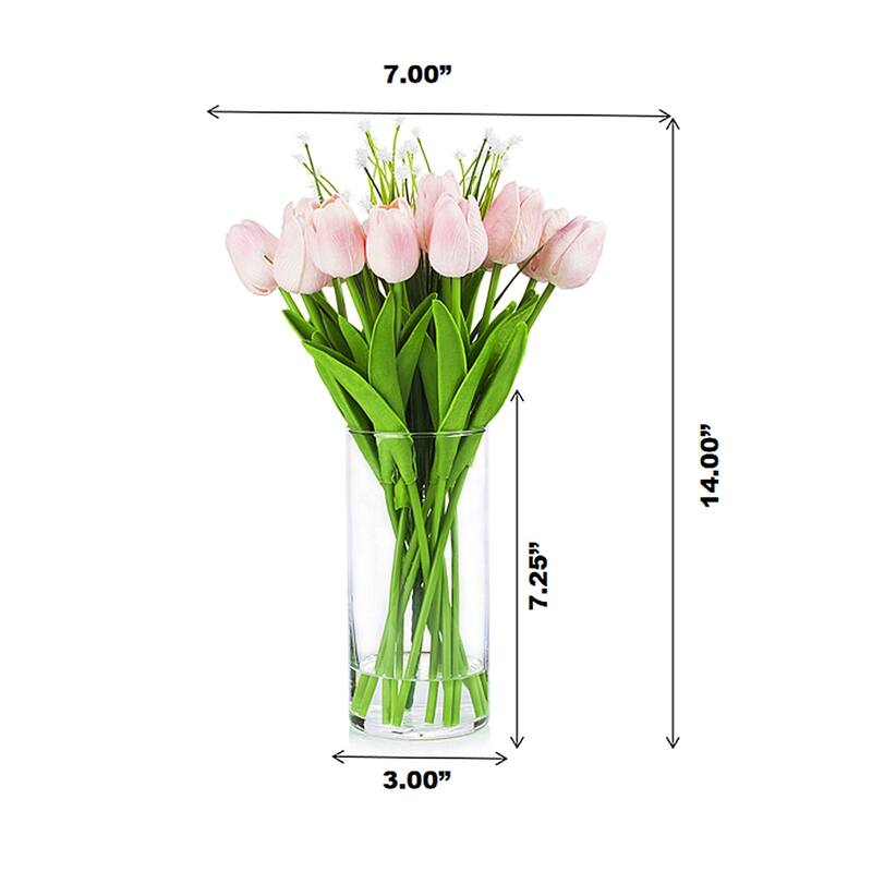 Enova Home Artificial Real Touch Tulips Flower and Star Grass in Clear Glass Vase With Faux Water For Home Office Decoration
