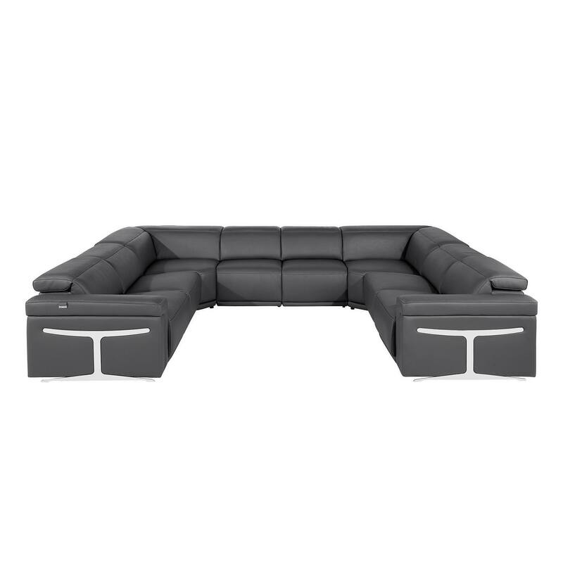 HomeRoots Dark Gray Italian Leather Power Reclining U Shaped Eight Piece Corner Sectional With Console
