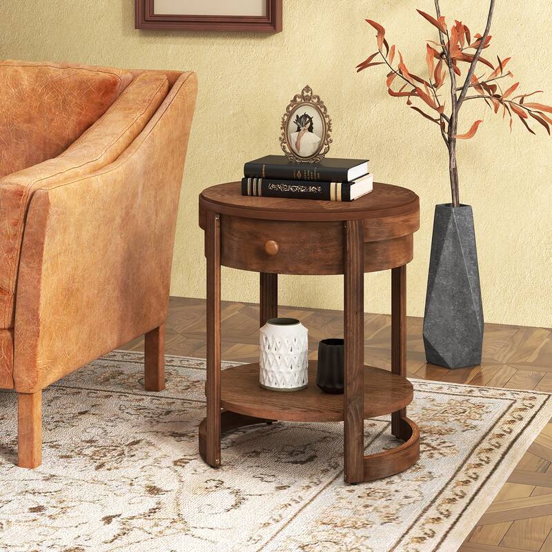 Gymax 2PCS Nightstand w/ Shelf & Wood Grains Drawer Round End Table