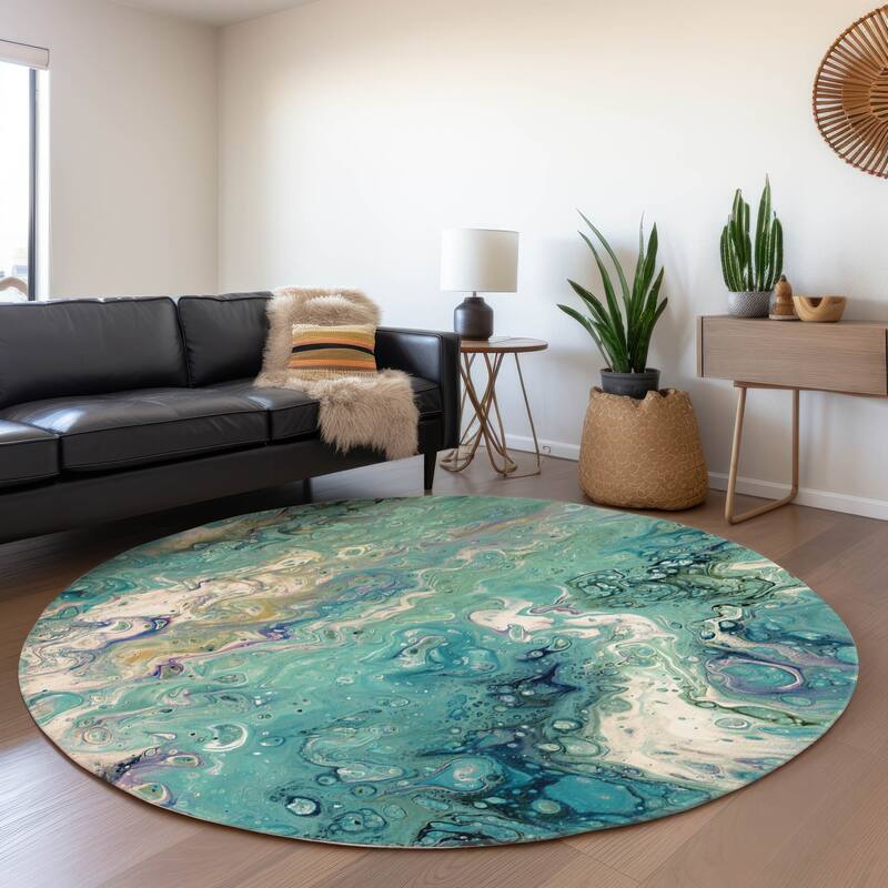 Premium Washable Super Soft Abstract Contemporary Mayfield Rug - Turquoise - 8' x 8' - Round