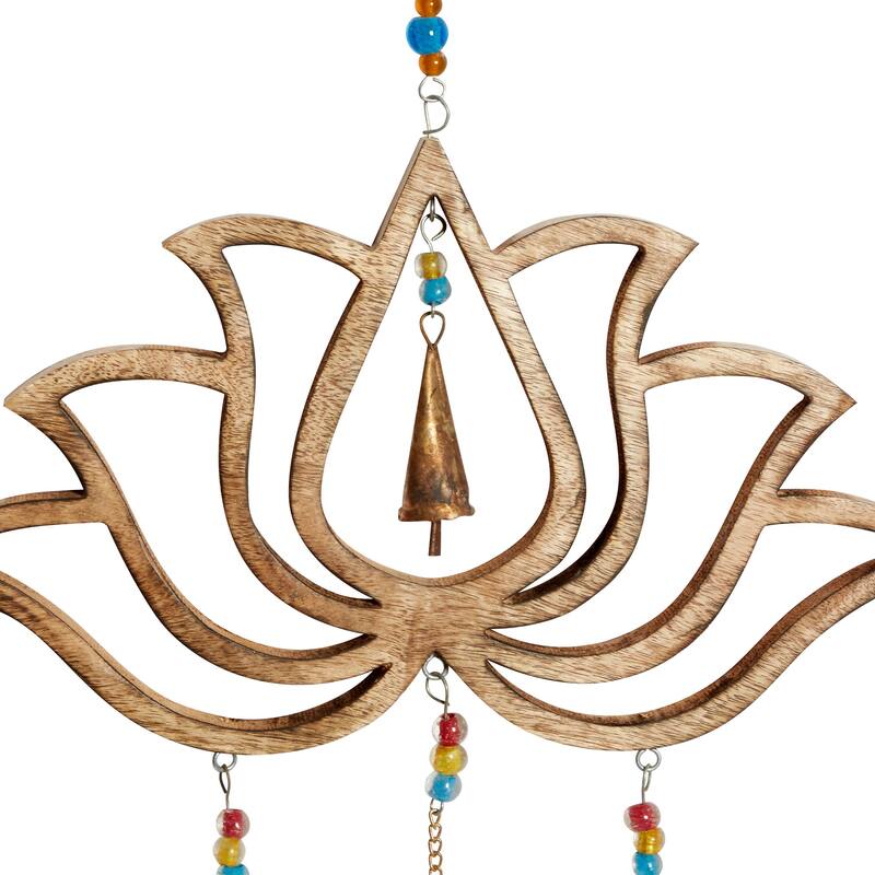 Mango Wood Floral Handmade Lotus Indoor Outdoor Windchime with Glass Beads and Cone Bells - Brown - Roche River Decor