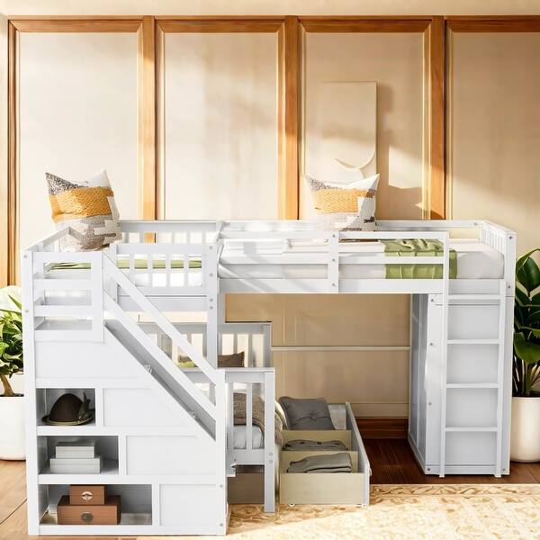 slide 2 of 12, L-Shaped Versatility Galore Twin-Twin Over Full with 3 Drawers, Portable Desk and Wardrobe White