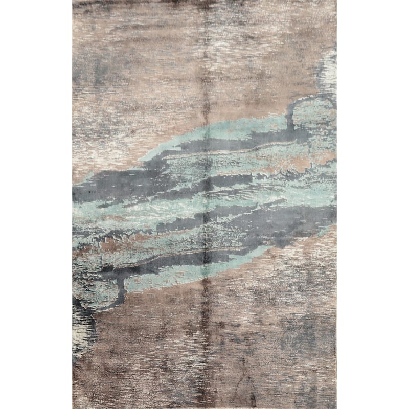 Hand Knotted Oriental Viscose Silk Carpet Modern Pictorial Multi-Colored Abstract Area Rug - 7' 6'' X 5' 7''