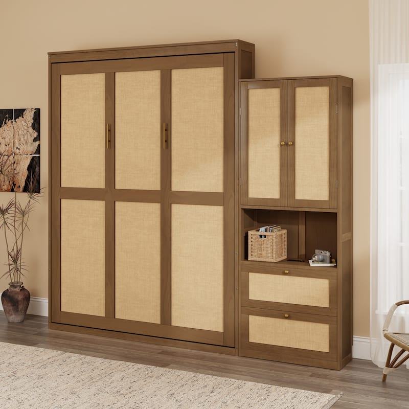 Foldable Bed Convert Cube Cabinet Rattan Murphy Bed Space-Saving Bed - Walnut with Cabinet - Full