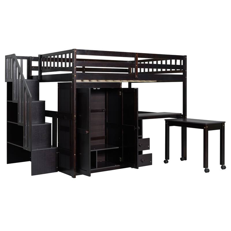 Multifunctional Full Size Loft Bed with Stairs, Bookshelf, Drawers, Desk & Wardrobe for Kids & Teens