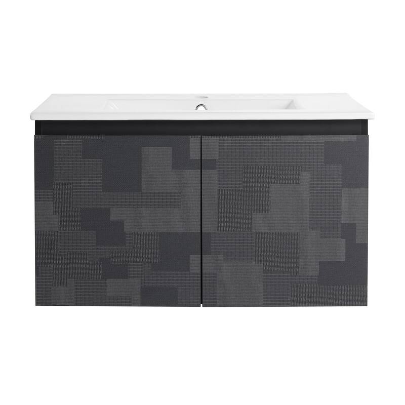 Plywood Wall Mounting Bathroom Vanity Set in Black with Integrated Ceramic Sink