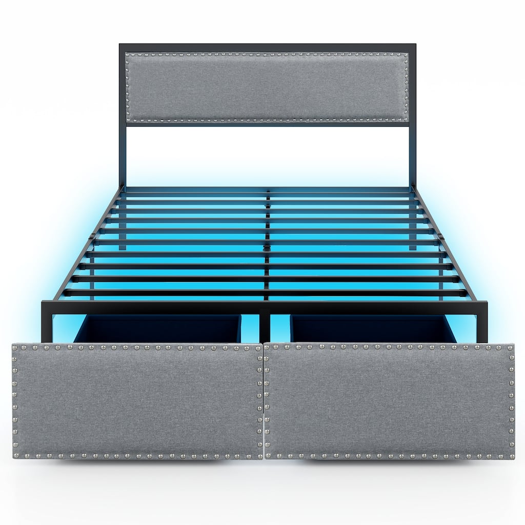 Gymax Full Size Bed Frame w/ 2 Storage Drawers LED Lights Slats