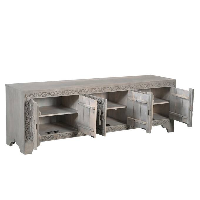 HomeRoots 79" Gray Carved Scrollwork Distressed Solid Wood Enclosed Storage TV Stand - 79' X '24' X '16