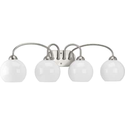 Carisa Collection Four-Light Brushed Nickel Opal Glass Mid-Century Modern Bath Vanity Light - 10" x 32.75" x 8"
