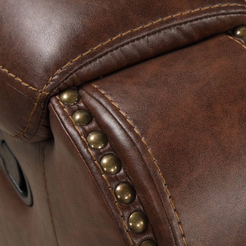 Brown Leather-Air Nailhead Manual Reclining Loveseat With Storage Console