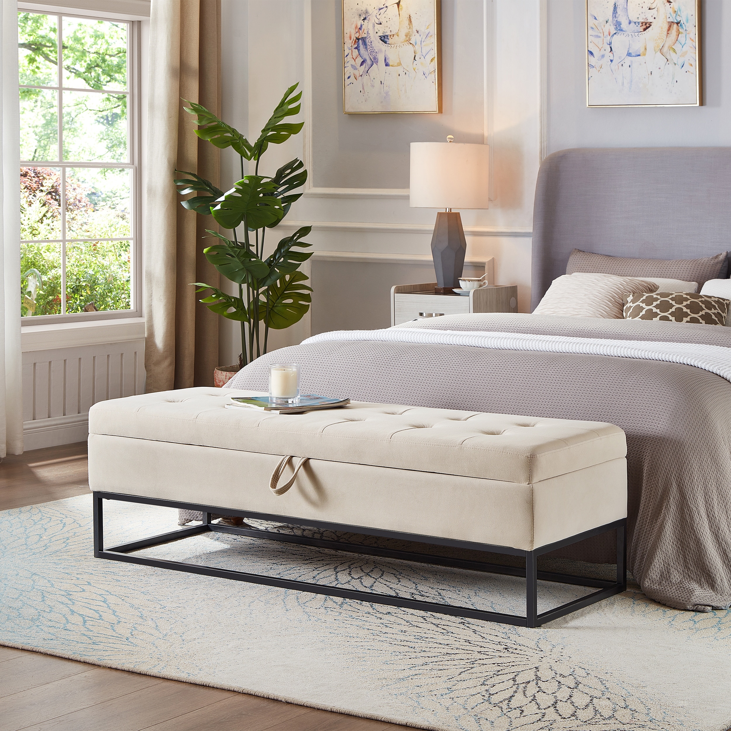 Tufted Velvet Storage Ottoman Bench with Metal Base Footrest