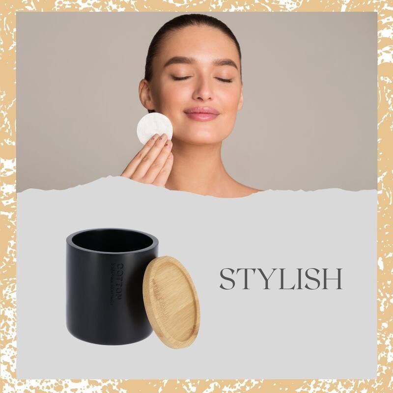 Sleek Cotton Pad Holder - Polyresin Bathroom Storage Container with Bamboo Lid - 4 L x 4 W x 4.6H