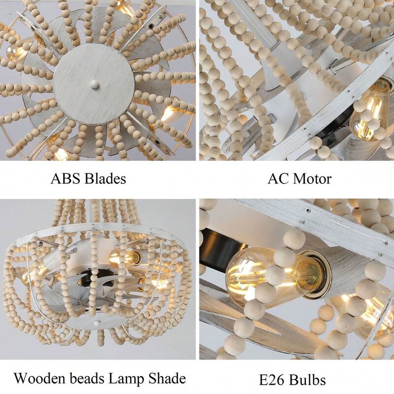 Cusp Barn 20in. Boho Ceiling Fan With Light, Modern Farmhouse Wood Beads Shade 3-Speed Ceiling Fan Light With Remote Control
