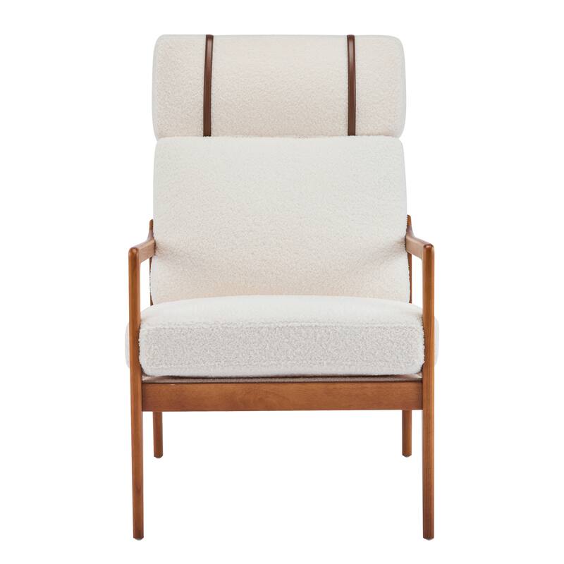 Mid Century Modern Accent Armchair, Solid Wood Frame with High Back, Beige Upholstered Cushions, Ergonomic Lounge Chair
