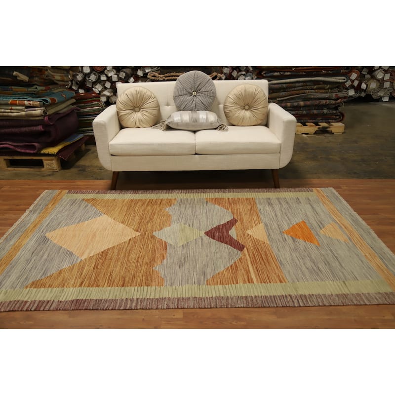 Hand Woven Oriental 100% Wool Carpet Southwestern Modern Greys & Charcoal Kilim Area Rug - 8' 1'' X 4' 11''