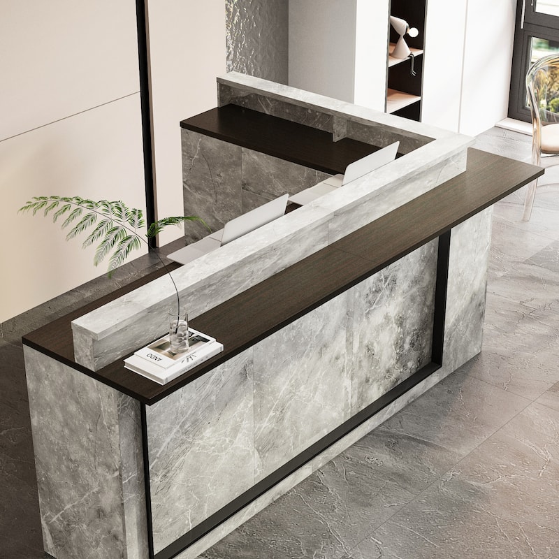 Marble Reception Desk LED Lighting L-Shaped Front Counter Storage Shelves Office, Salon, Hotel