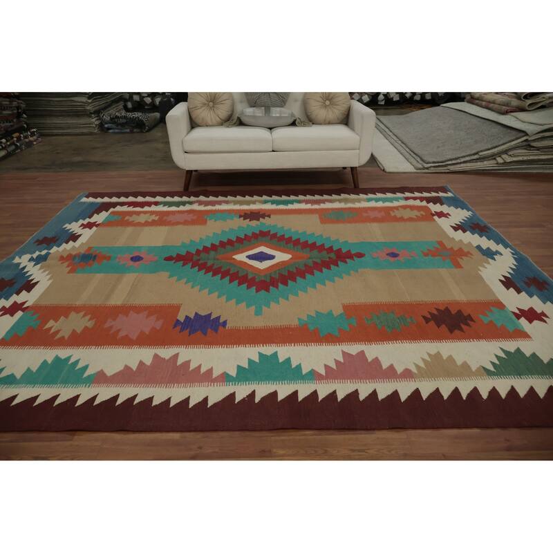 Hand Woven Oriental 100% Wool Carpet Southwestern Tribal Multi-Colored Kilim Area Rug - 10' 0'' X 8' 8''