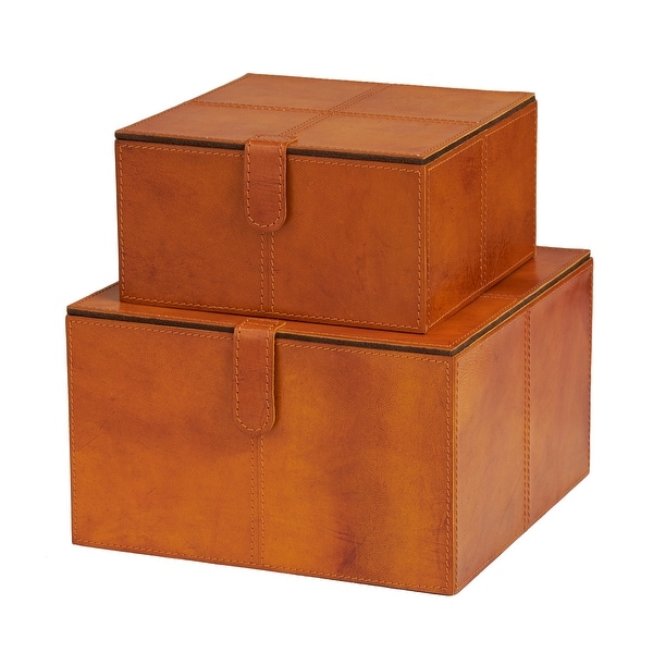 Brown Leather Storage Box with Snap Front Closure and Detailed