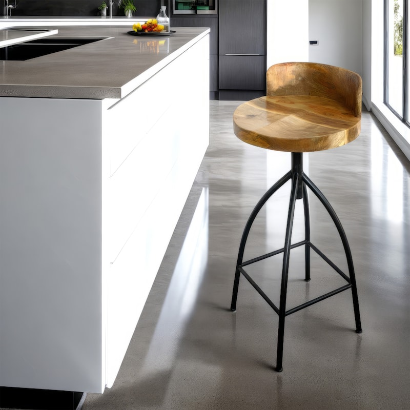 Pia 32-35 Extra Tall Adjustable Barstool, Natural Brown Mango Wood Seat, Black Iron Frame