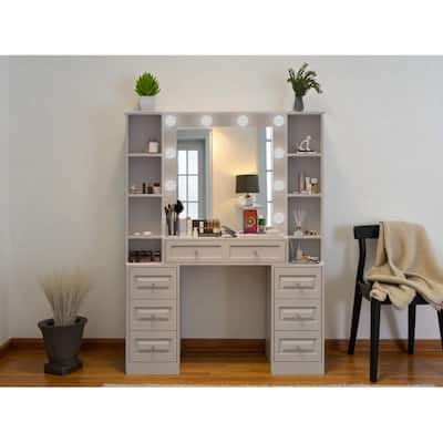 Makeup Vanity with Mirror and Lights, Dressing Table with USB Ports, Hair Dryer Holder & 7 Storage Drawers