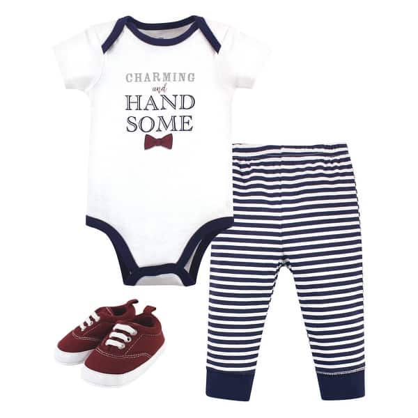 slide 1 of 1, Little Treasure Baby Boy Cotton Bodysuit, Pant and Shoe 3pc Set, Charming Handsome 0-3 Months - Charming Handsome