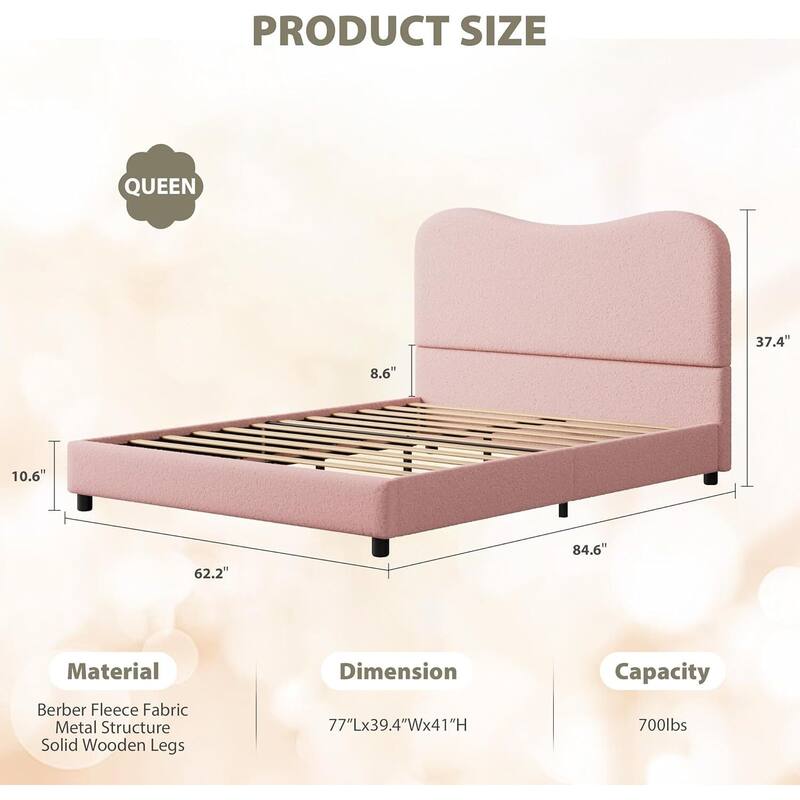 Upholstered Boucle Bed Frame with Headboard, No Box Spring Needed, Pink