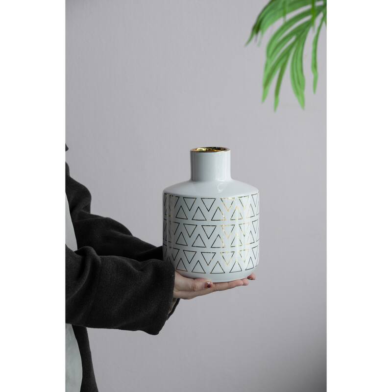 D5.9x7.9" Round Ceramic Vase with Geometric Pattern Gloss Finish Home Decor