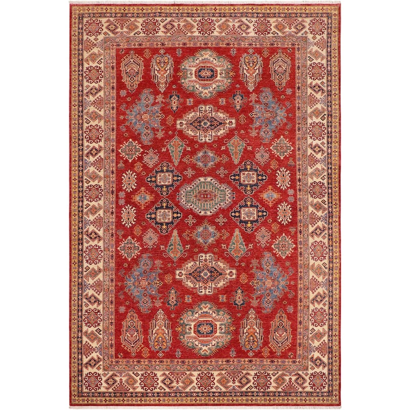 Caucasian Super Kazak Indigo Red/Natural Hand Knotted Wool Rug - 8'10'' x 12'7''