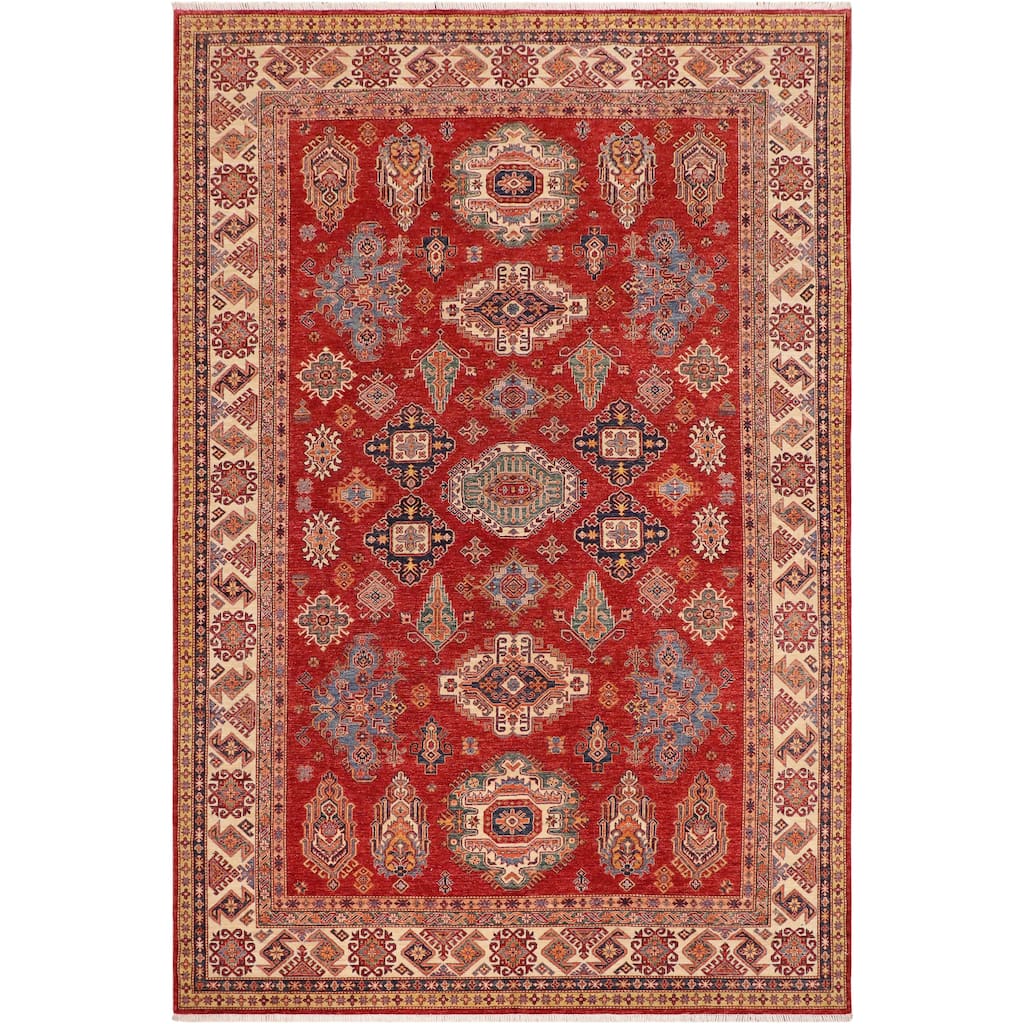 Caucasian Super Kazak Indigo Red/Natural Hand Knotted Wool Rug - 8'10'' x 12'7''
