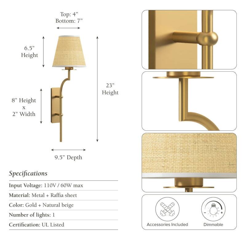 Rowabi Arco Cone Rattan Sconce Metal, Raffia & Natural Beige, Gold Wall Sconce for Bedroom, Hallway in Modern, Mid-Century Style