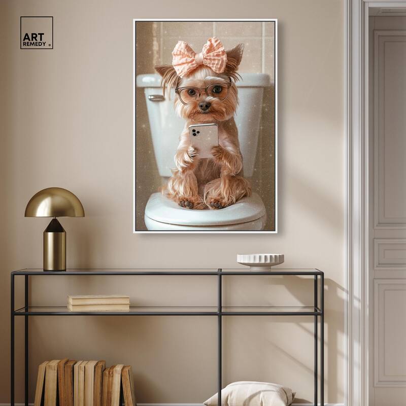 Cute Yorkie on the Toilet Canvas by Art Remedy