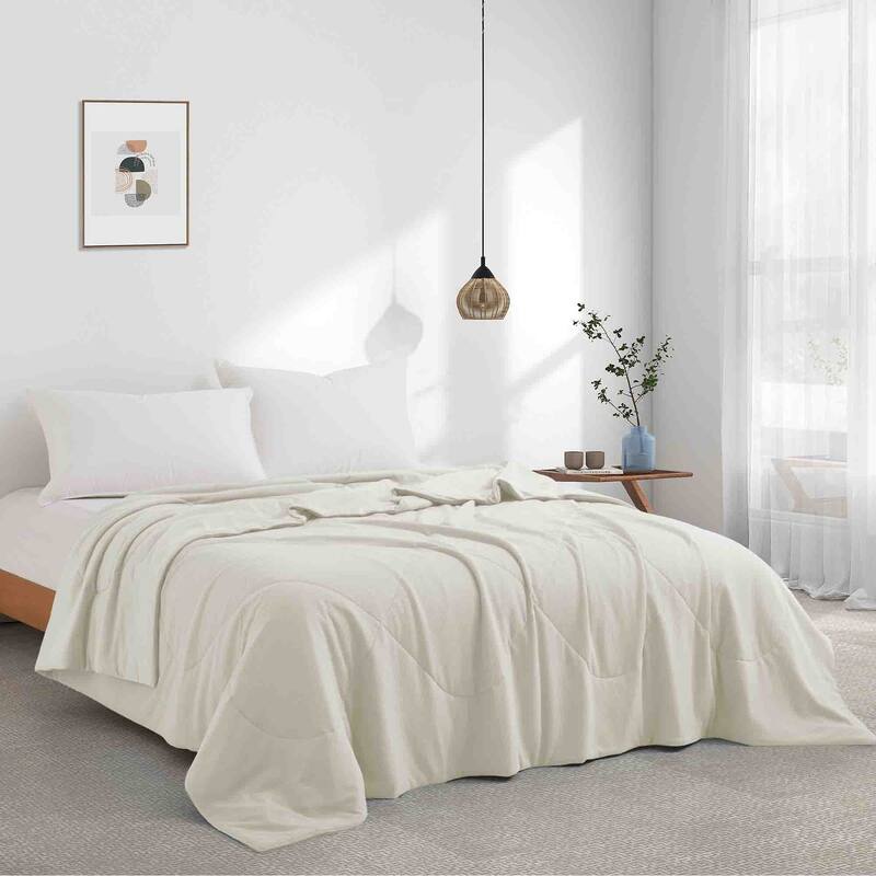 Lightweight Breathable Cooling Waffle Reversible Summer Blanket, Dual-side Cool Touch Comforter - Full/Queen - Cream