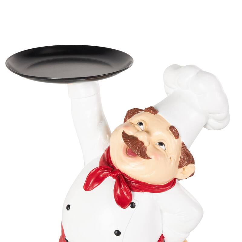 White Polystone Kitchen Decorative Figurine Chef Decorative Sculpture with Black Tray