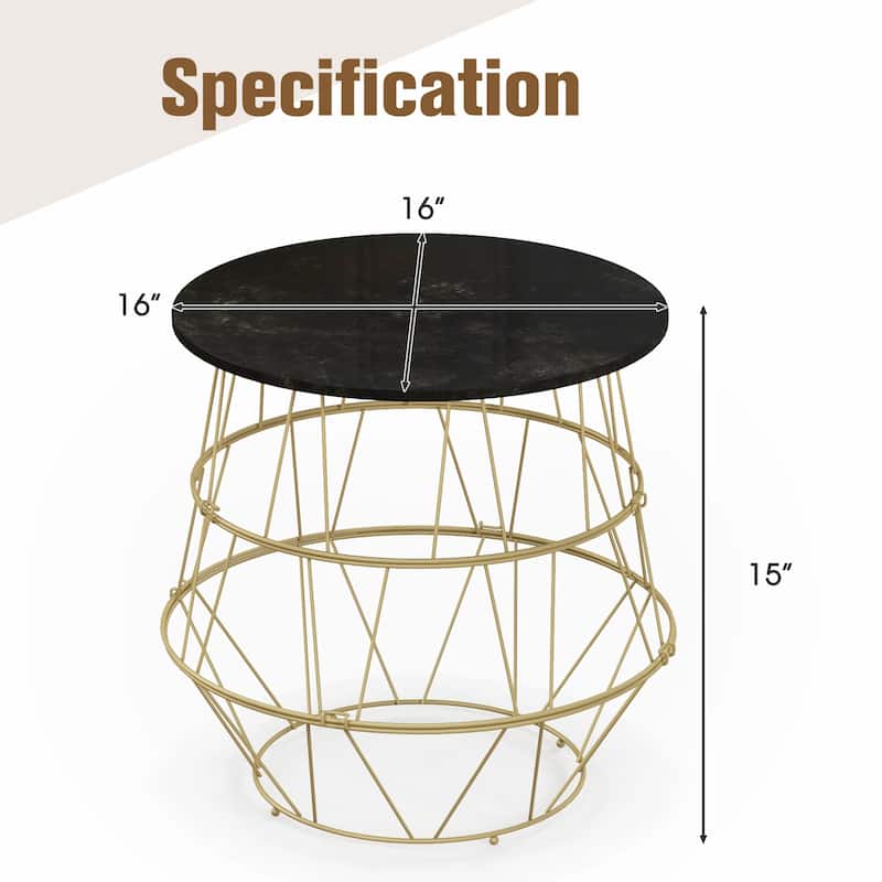Modern Round Coffee Table with Gold Metal Frame and Storage - 16" x 16" x 15"