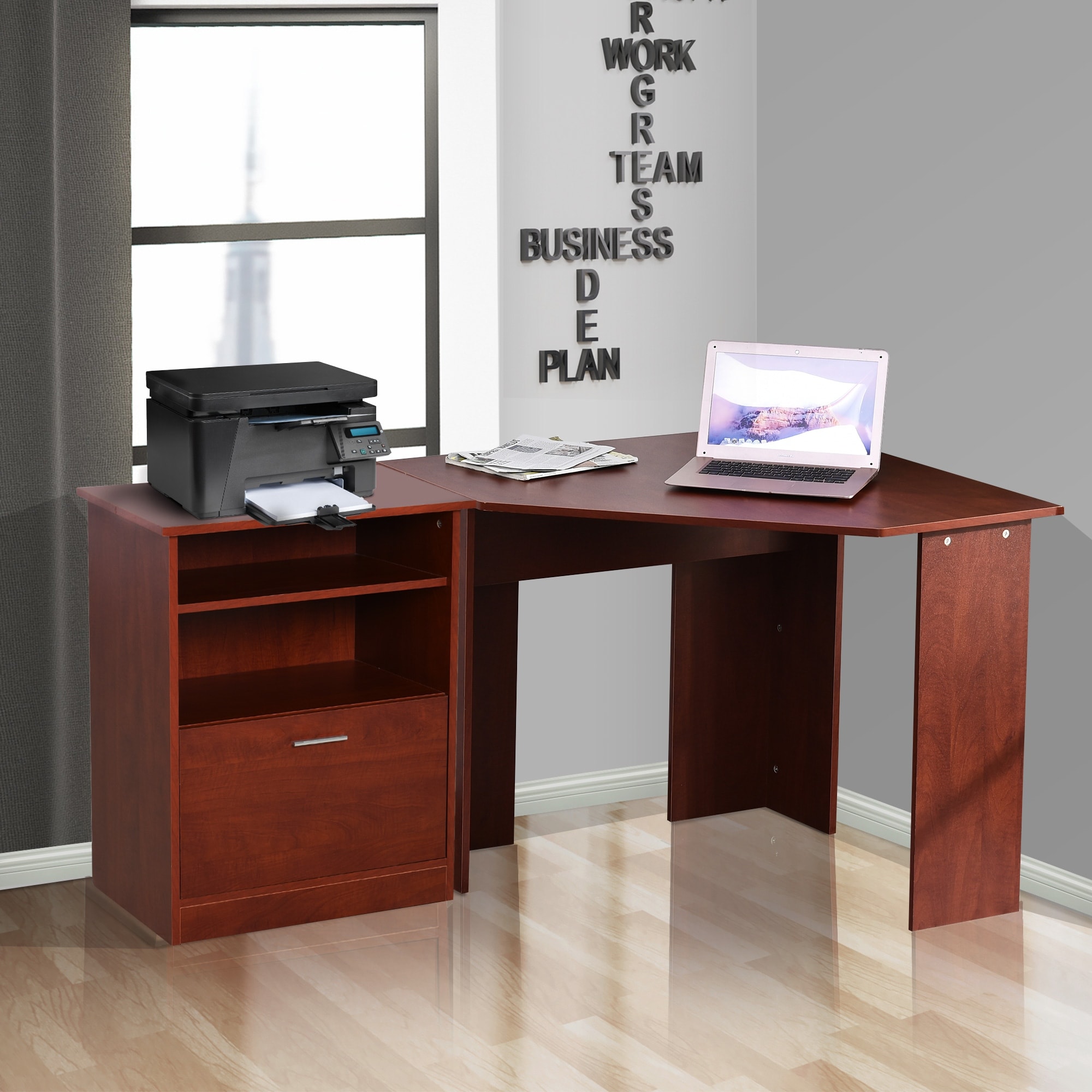 HOMCOM L-Shaped Home Office Writing Desk with Storage Shelf Drawer  Industrial Corner PC Study Table Computer Workstation Brown