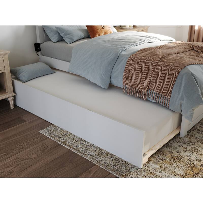 Twin Platform Bed with Trundle & USB - White Wood Bed Frame - Rustic Style