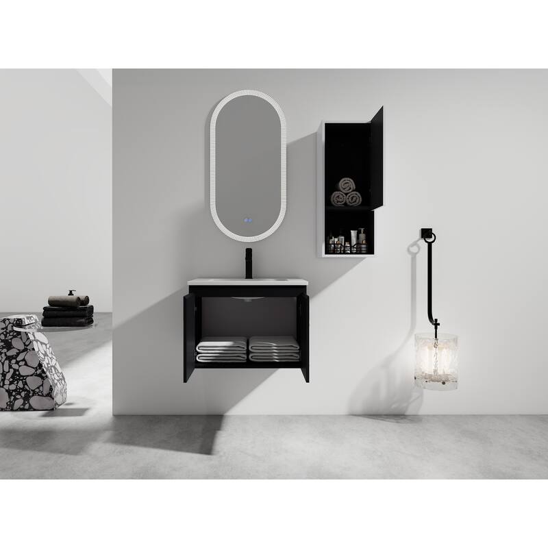 24" Wall-Mounted Bathroom Vanity with Ceramic Sink and Soft-Close Doors, Side Cabinet for Extra Storage