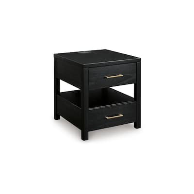 24 in. Black and Gold Square Wood End Table with USB Charging Ports
