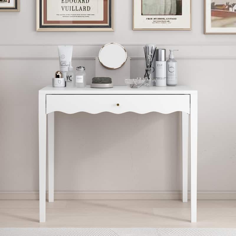 35.43"Vanity Desk with Drawer - Modern Makeup Table with Scalloped Front & Gold Knob, Compact Writing Desk with 4 Sturdy Legs