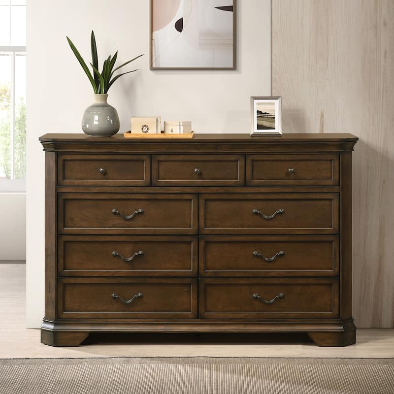 Roundhill Furniture Maderne Traditional Wood 9-Drawer Dresser, Antique Walnut Finish