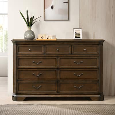 Roundhill Furniture Maderne Traditional Wood 9-Drawer Dresser, Antique Walnut Finish
