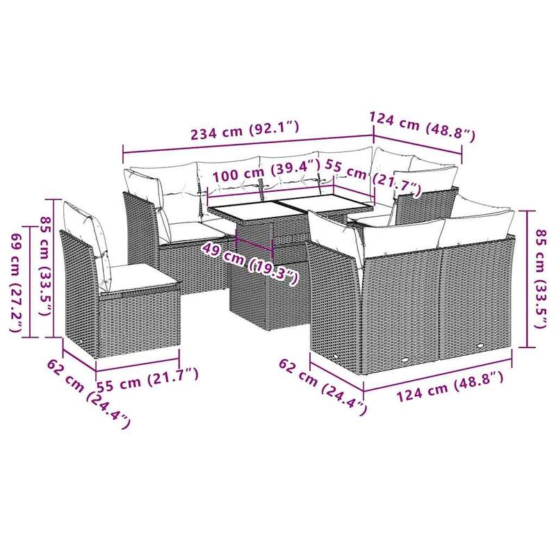 9-Piece Modular Patio Sofa Set with Cushions - 21.7 x 39.4 x 28.7 in