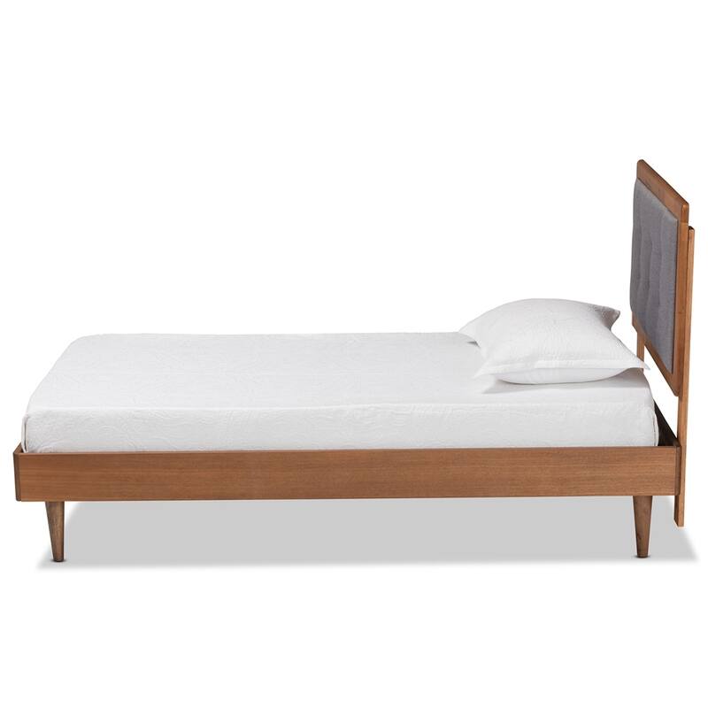 Walnut Brown Twin Size Wooden Platform Bed with Upholstered Headboard and Button-Tufted Details