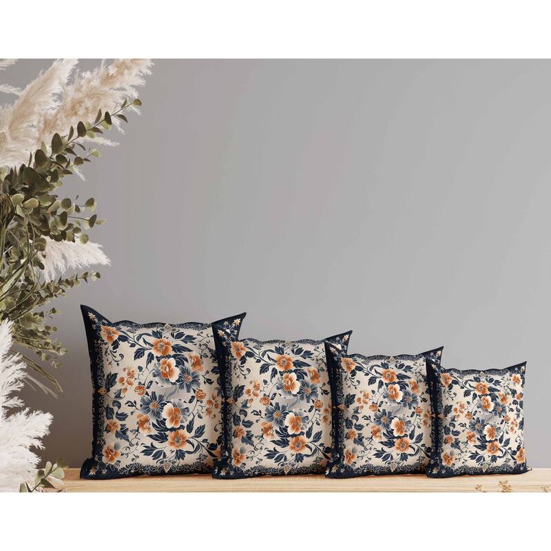Flower Hub Indoor/Outdoor Reversible Throw Pillow Orange and Indigo