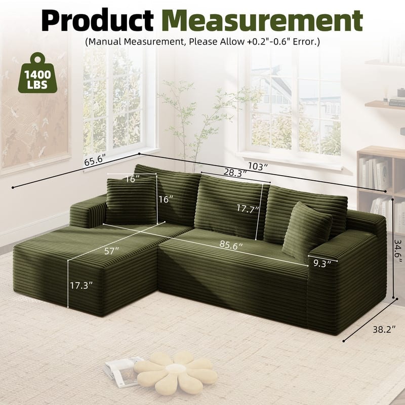 Rossetta L-Shaped Modular Cloud Corduroy Sectional Sofa with Deep Seat, Left Facing