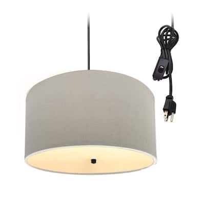2 Light Swag Plug-In Pendant 16"w Light Oatmeal Linen Drum with Diffuser, Black Cord
