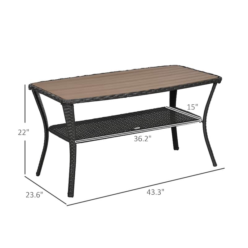 Patio PE Rattan Coffee Table with Storage Shelf, Outdoor 2-Layer Side Table with Wood-plastic Composite Top